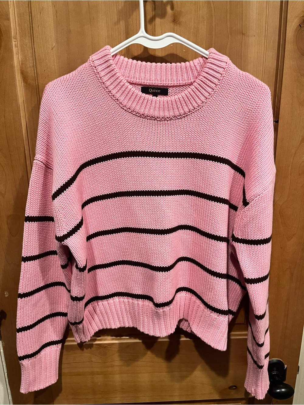 Quince Pink Crewneck Sweater with Black Stripes